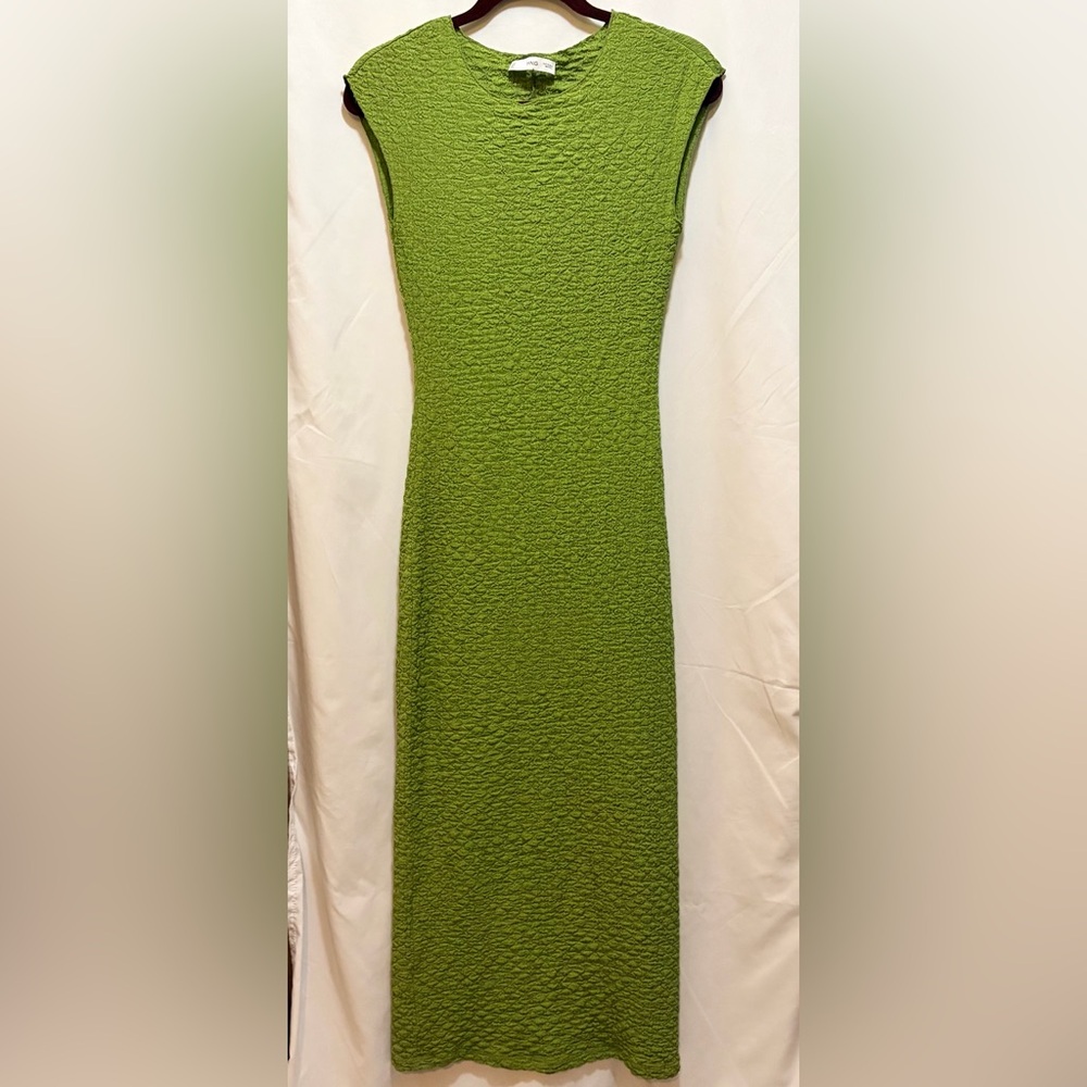 Mango Meringue Texture Midi Dress Cap Sleeve Mossy Green Size US 2